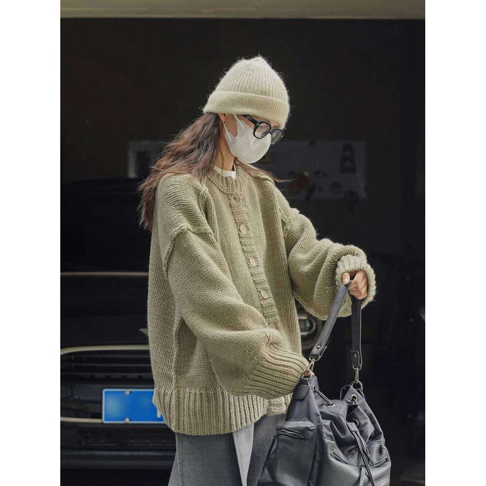 Autumn and Winter Women's Casual Solid Round Neck Long Sleeve Loose Cardigan Sweater