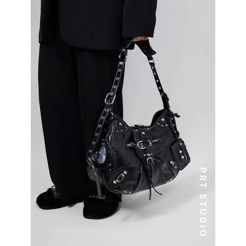 PRT Unisex Punk Y K Hot Girl Large Capacity Tote Rivet Paris Motorcycle Shoulder Crossbody Bag for Women