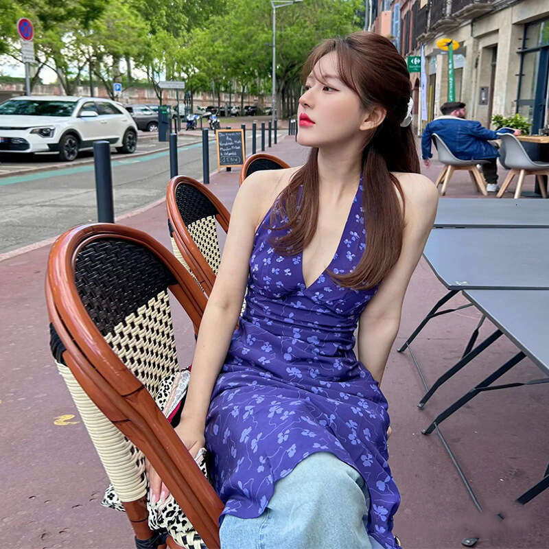 Women Dress Dresses for Woman Vestidos 841 Zhao Lusi Same Style Summer New 2025 Purple Print Deep V-neck Backless Slim Fit Silk Dress