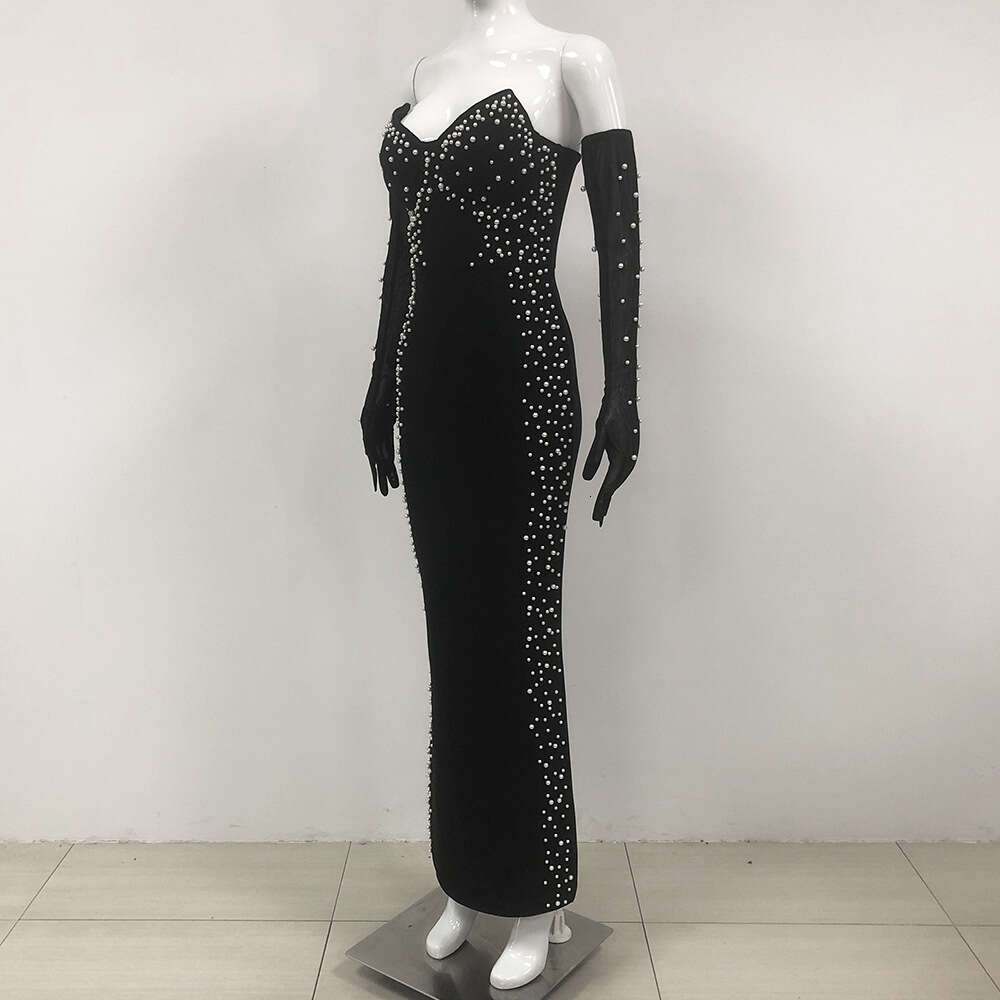 Winter New Fashion Sexy Pearl Decorated Socialite Style Strapless Bandage Long Dress