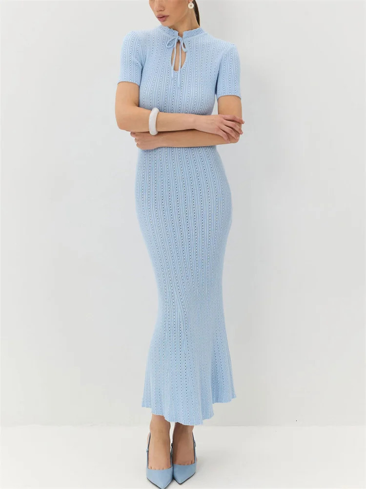 Tossy Knit Hollow Out Lace-Up Dress Female Ribbed Short Sleeve Patchwork High Waist Elegant Long Dress Womens Knitwear Dress 250616