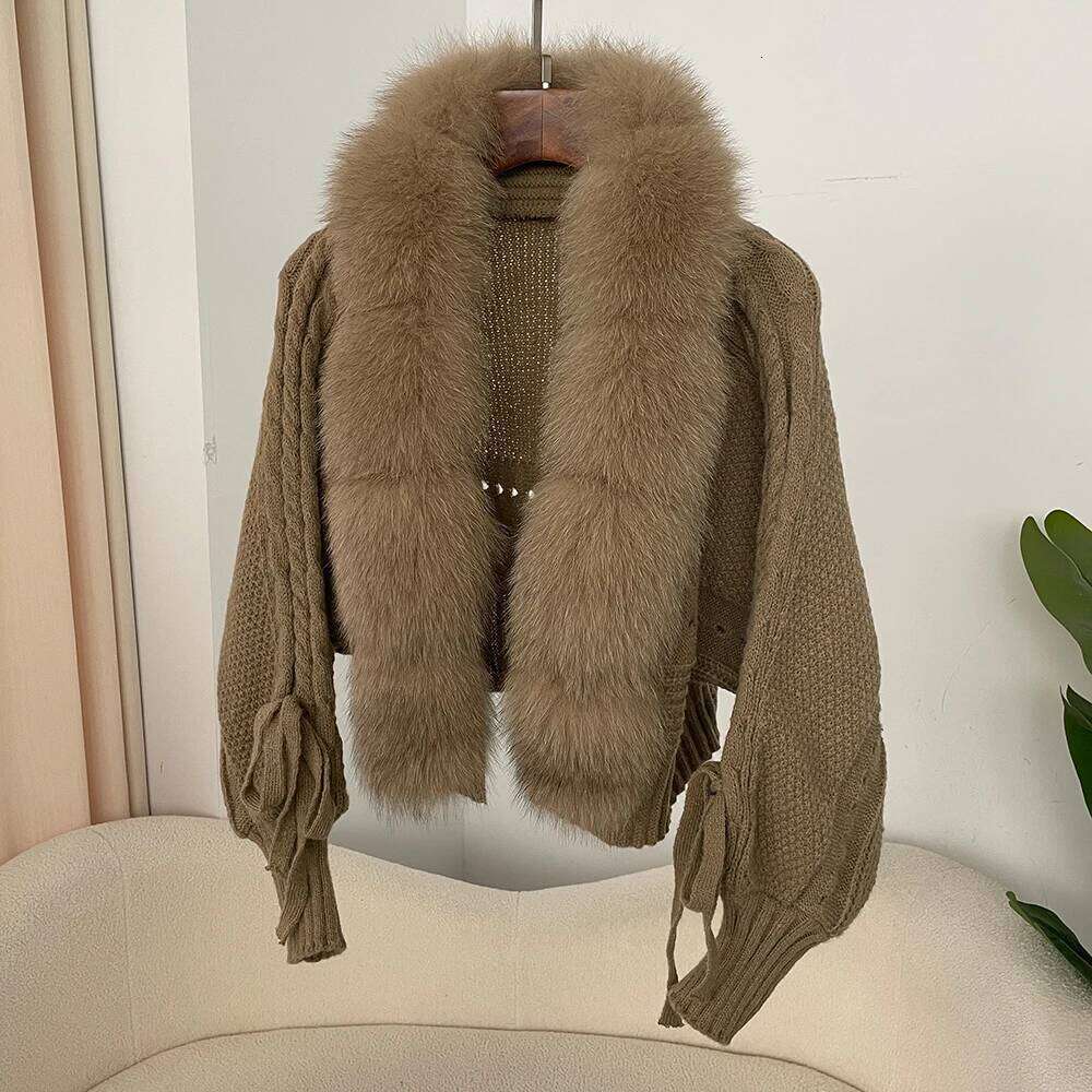 OFTBUY 2025 Spring Knitted Cardigan Women Real Fox Fur Batwing Sleeve Sweater Female Solid Short Kintwear Lady Loose Kint Coat