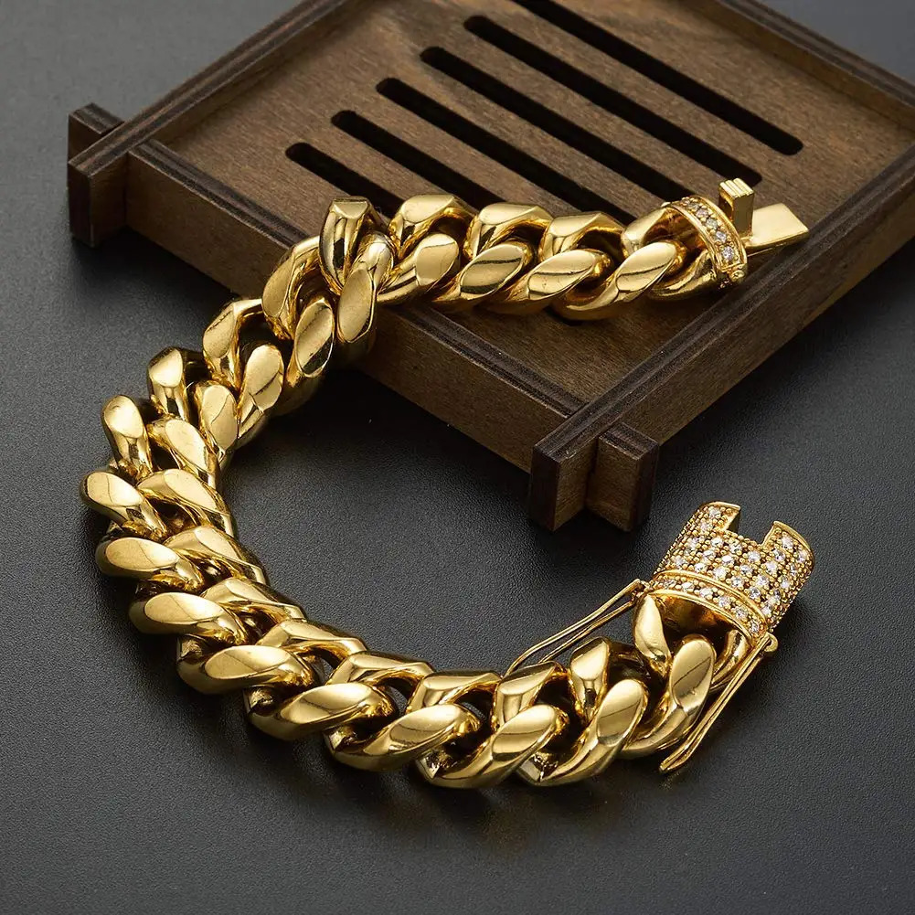 Stainless Steel Miami Cuban Link Bracelet 8mm-16mm Gold Plated with Iced CZ Clasp Premium Hip Hop Jewelry For Men Women Gift 250603