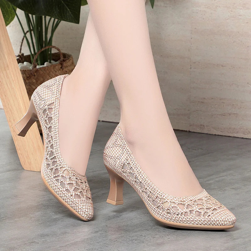 Summer Single Shoes Mesh Breathable Versatile High Heels Womens Shoes Middle-Aged Temperament Pointed Toe Shallow Mouth Shoes 250613