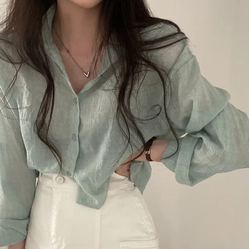 Trendy Shirt Blouse Simple Thin Pure Color Anti-UV Shirt Anti-fade Shirt Top Women Solid Color Sun Protection 250616