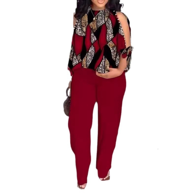 VONDA Womens Fashion Pants Set Summer Cold Shoulder Casual Loose 3/4 Sleeve Top Retro Printed Bohemian Set 241126