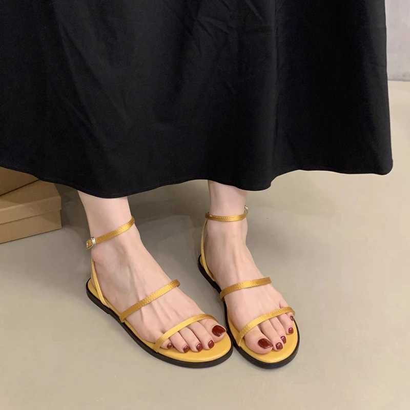 SUOJIALUN 2025 Summer New Women Sandal Fashion Yellow Narrow Band Ladies Elegant Gladiator Shoes Flat Heel Dress Slides Sandal Z250617