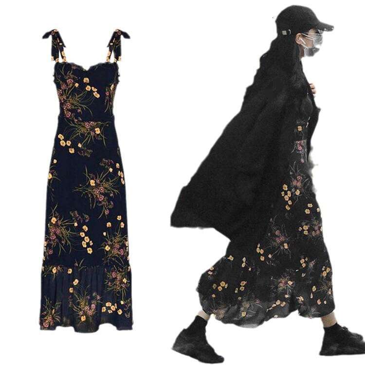 Vestido De Mujer White Dress Summer Dress 301 New 2025 Dilireba Same Style Black Floral Print Over-the-knee Mid-length Slim Fit Strap Dress