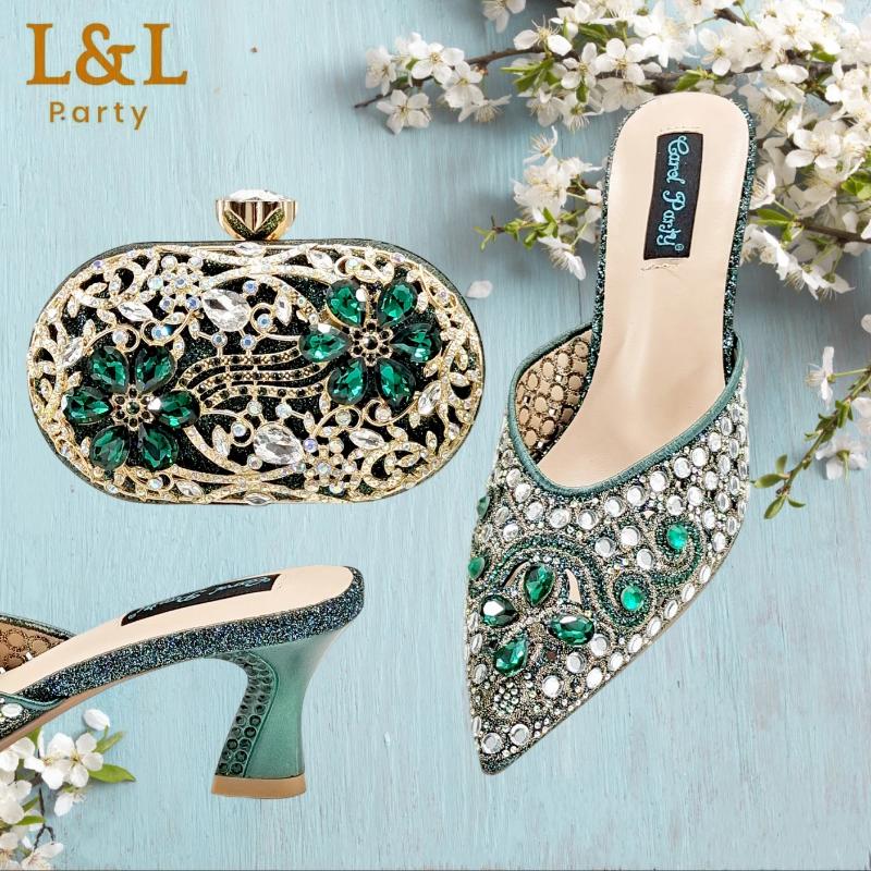Dress Shoes Fashion Nigeria Design Rhinestone-encrusted Sex Ladies And Bag High Heels Sandals With Gold Color Mini For Party