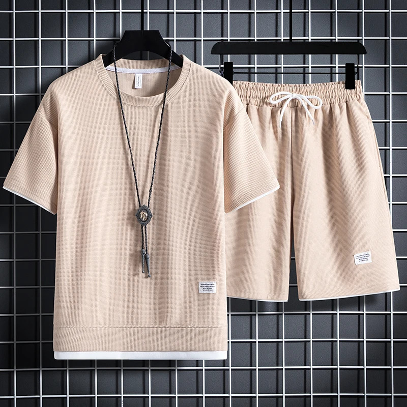 Summer Mens Waffle Sets Casual TShirt And Shorts Set Male Sports Suit Solid Color Tracksuit Loose Suits Size 250614