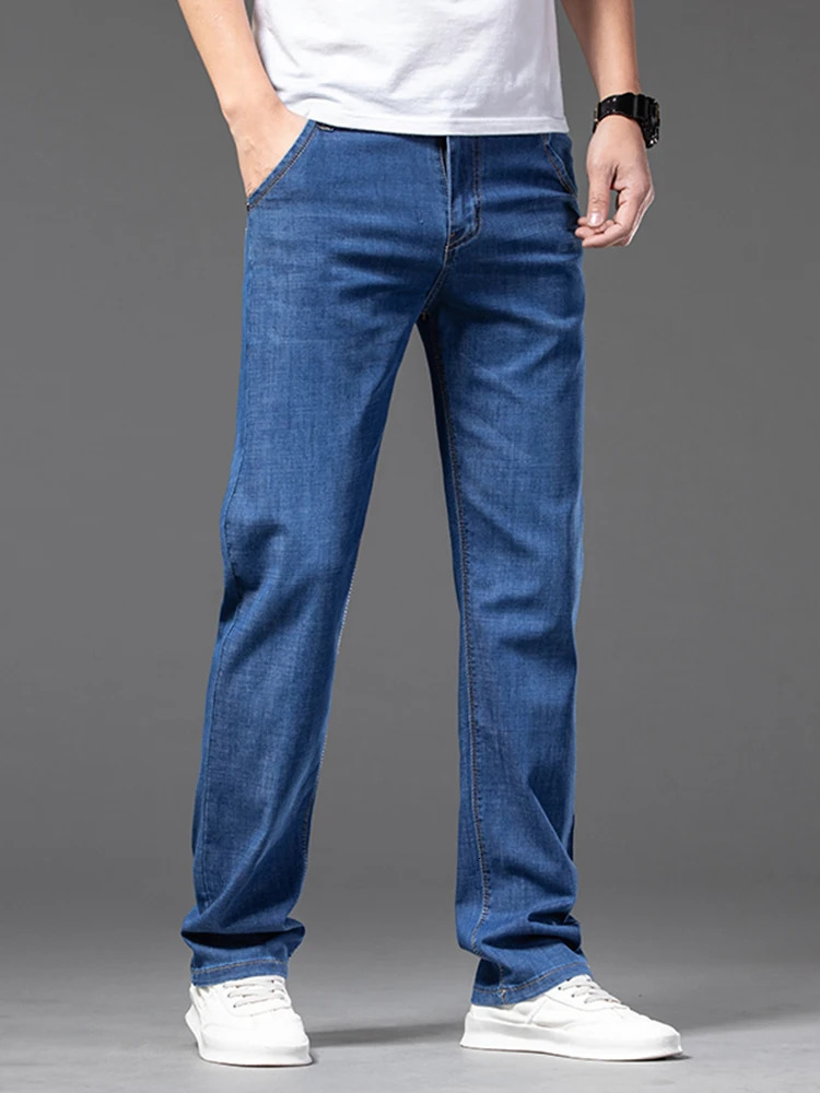 Summer Thin Mens Straight Jeans Classic Black Blue Stretch Casual Business Baggy Denim Pants Male Trousers 250616