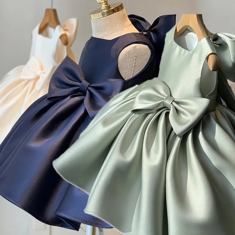 Big Bow Sweet Baby Girls Dress Solid Elegant Toddler Kids Christening Birthday Vestidos Weddings Party Kids Girls Princess Dress 250617