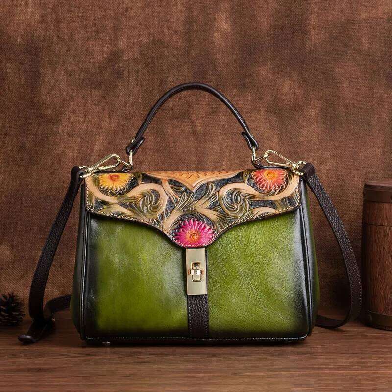 Vintage Genuine Handbag Woman First Layer Cow Leather Tote Bags 3D Floral Ladies Cowhide Shoulder Or Messenger Bag