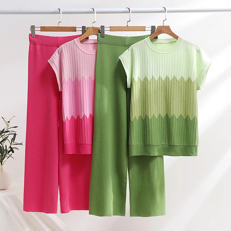 Casual Gradient Summer Knit Pants Sets Women Loungewear 2 Piece Pajama Women Set Knitted Tank Top Two Piece Set For Women 2025 250616