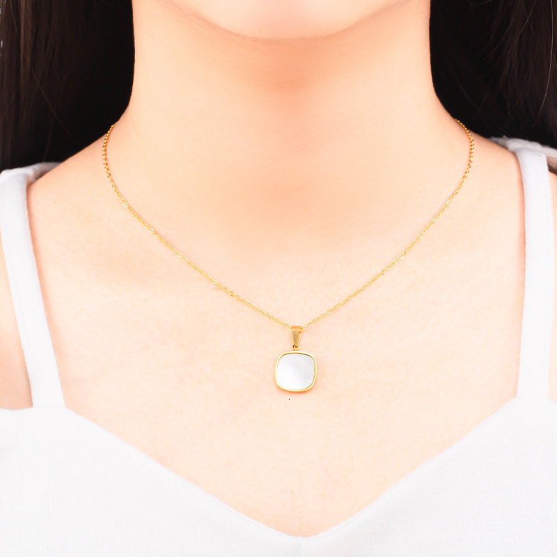 Fashion Simple Elegant White Mother-of-Pearl Geometric Necklace for Women Titanium Steel Light Gold Color Non-Fading Pendant Jewelry