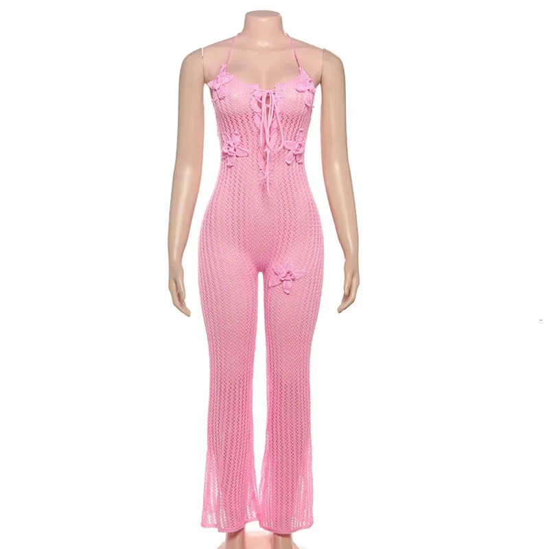 Leosoxs Knitted Halter Lace-Up Backless Jumpsuit Women Flower Applique Sleeveless Skinny Rompers Summer Vacation Beachwear 250617