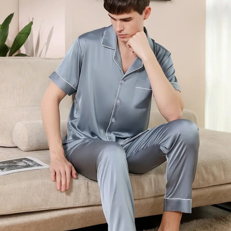 High Qaulity Pajamas Suit Men Summer Shortsleeved Trousers Sleepwear Spring Ice Silk Loungewear Solid Gent 250614