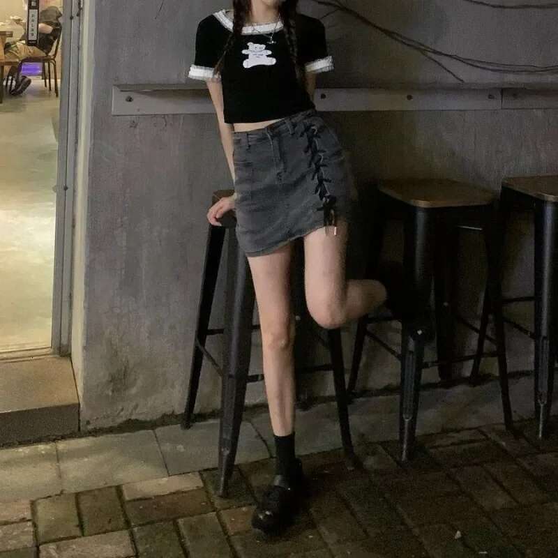 Gyaru Jeans Skirts for Women Midi Pants High Waist Blue Mini Woman Denim Skirt Chorts with Pocket Short Casual Harajuku V A Line