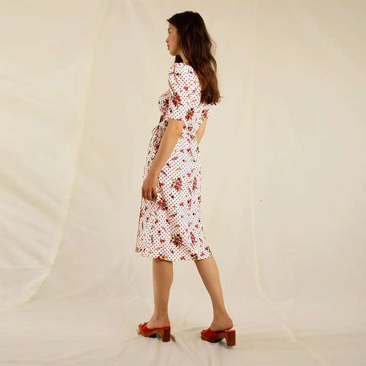 Tender Whitedress Robe 114#zhang Jiani Same Style Summer New 2025 Printed Floral Tea Dress French Short Sleeve V-neck