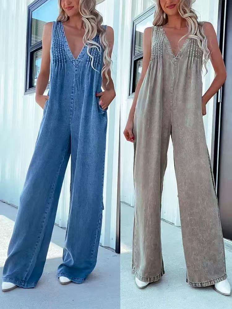 European and American fashion women's V-neck sleeveless sexy backless washed denim jumpsuit