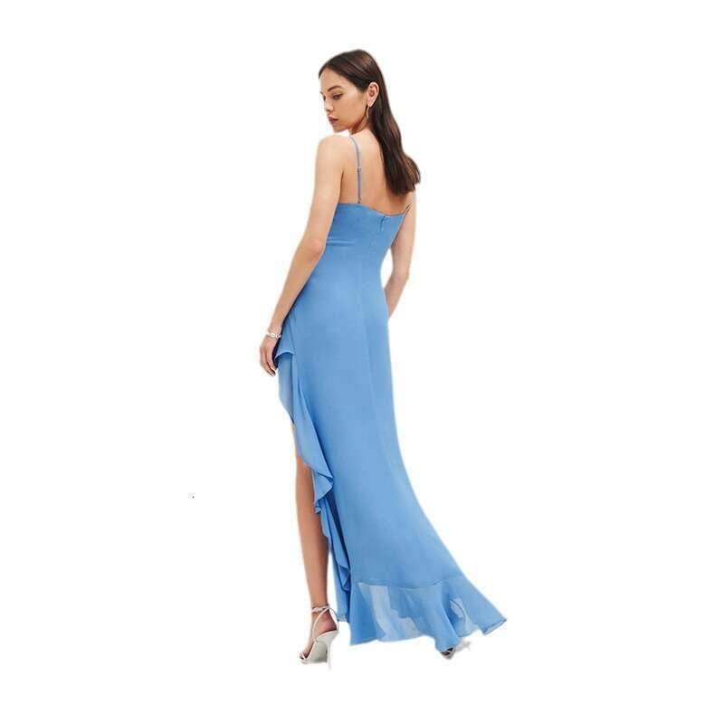 Clothes Women Designer Designer Dresses for Women Vestidos 705 Summer New 2025 Rayon Solid Color Square Neck Asymmetric Ruffle Mid-length Strap Dress