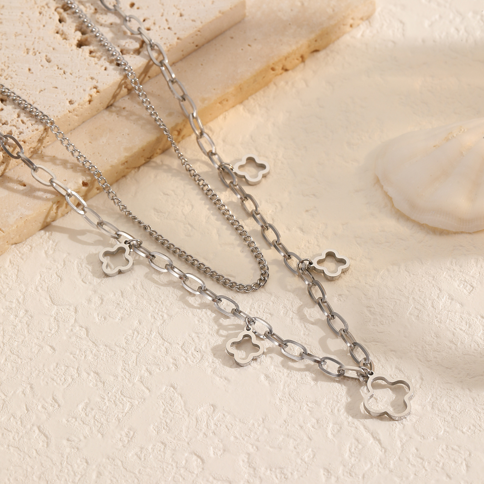 Women's Double Layer Hollow High-end Fashion Jewelry Collarbone Chain Stainless Steel Necklace