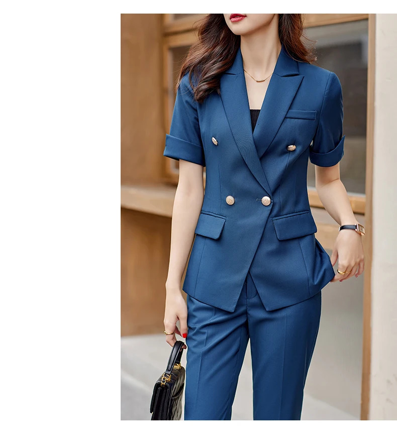 Fashion Light Blue Blazer Women Pant Suits Short Sleeve Jacket Sets Office Ladies Work Uniform Styles Pantsuits 250612