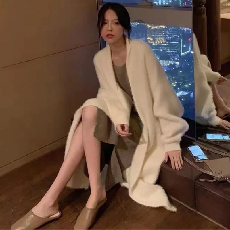 white Long Cardigan for women 2025 winter clothes Knitted fluffy long sleeve Cashmere sweater coat korean style warm vintage 250616