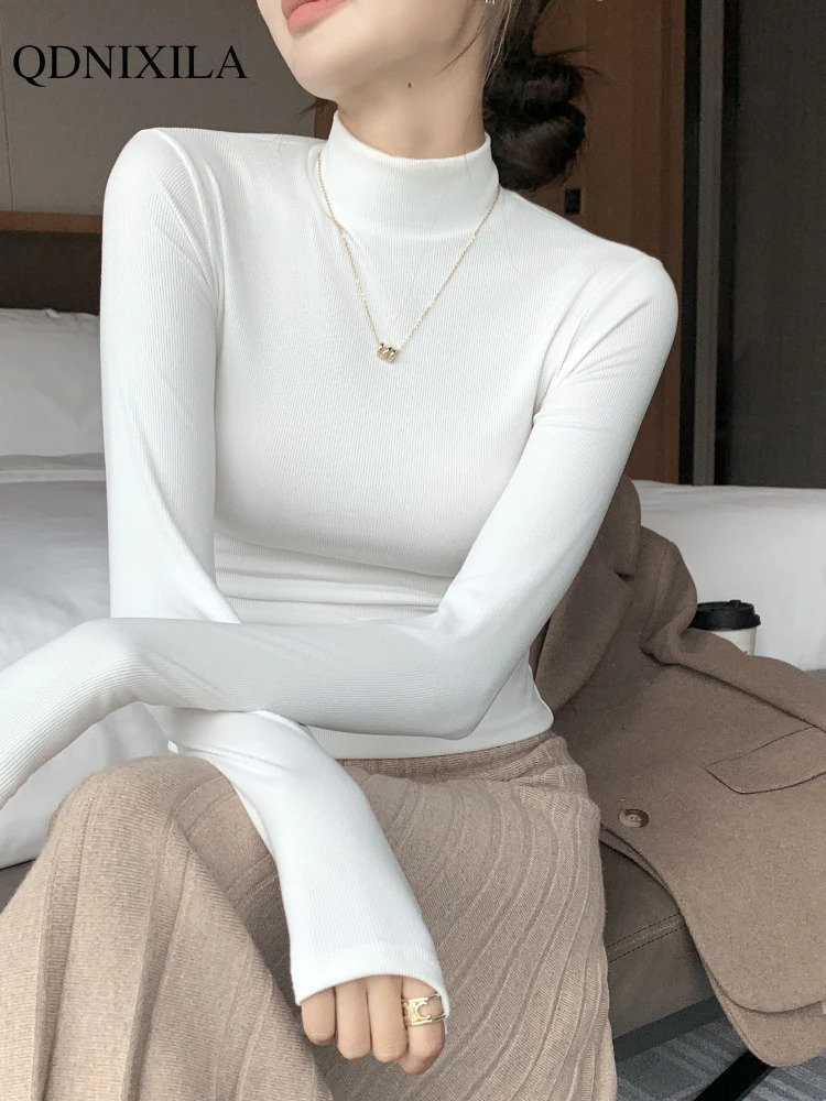 Womens Knitted Half-Turtleneck Pullover Sweater Elegant Korean Fashion Long-Sleeve Top Slim Fit Thermal Jumper Casual Knitwear 250616