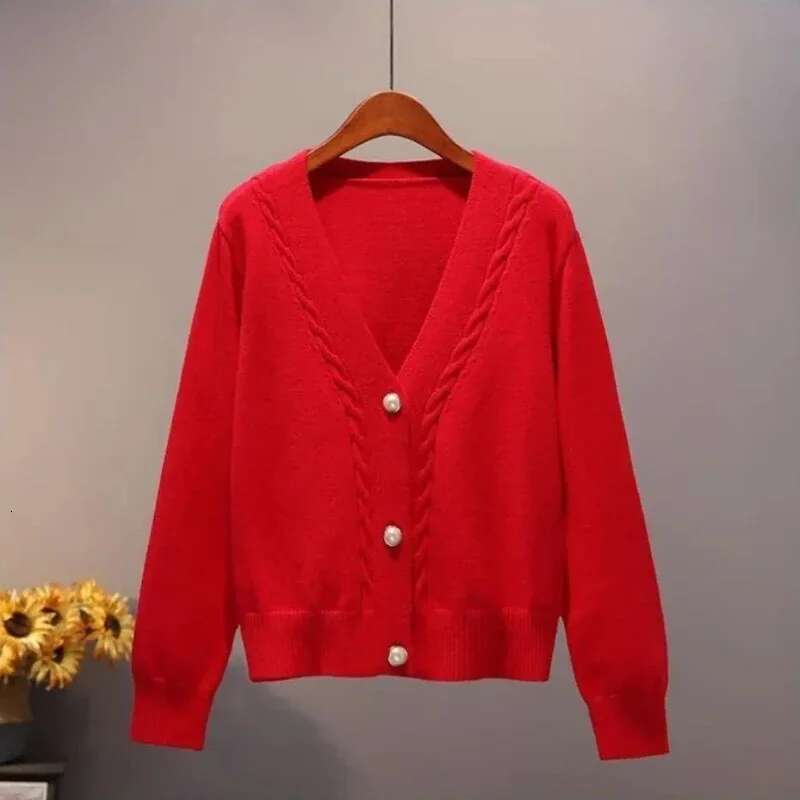 Womens Sweater Red Knit Tops for Woman Winter Button Cardigan Crop Short Warm New Knitwear Clothes Y2k Vintage Cold Autumn 2025