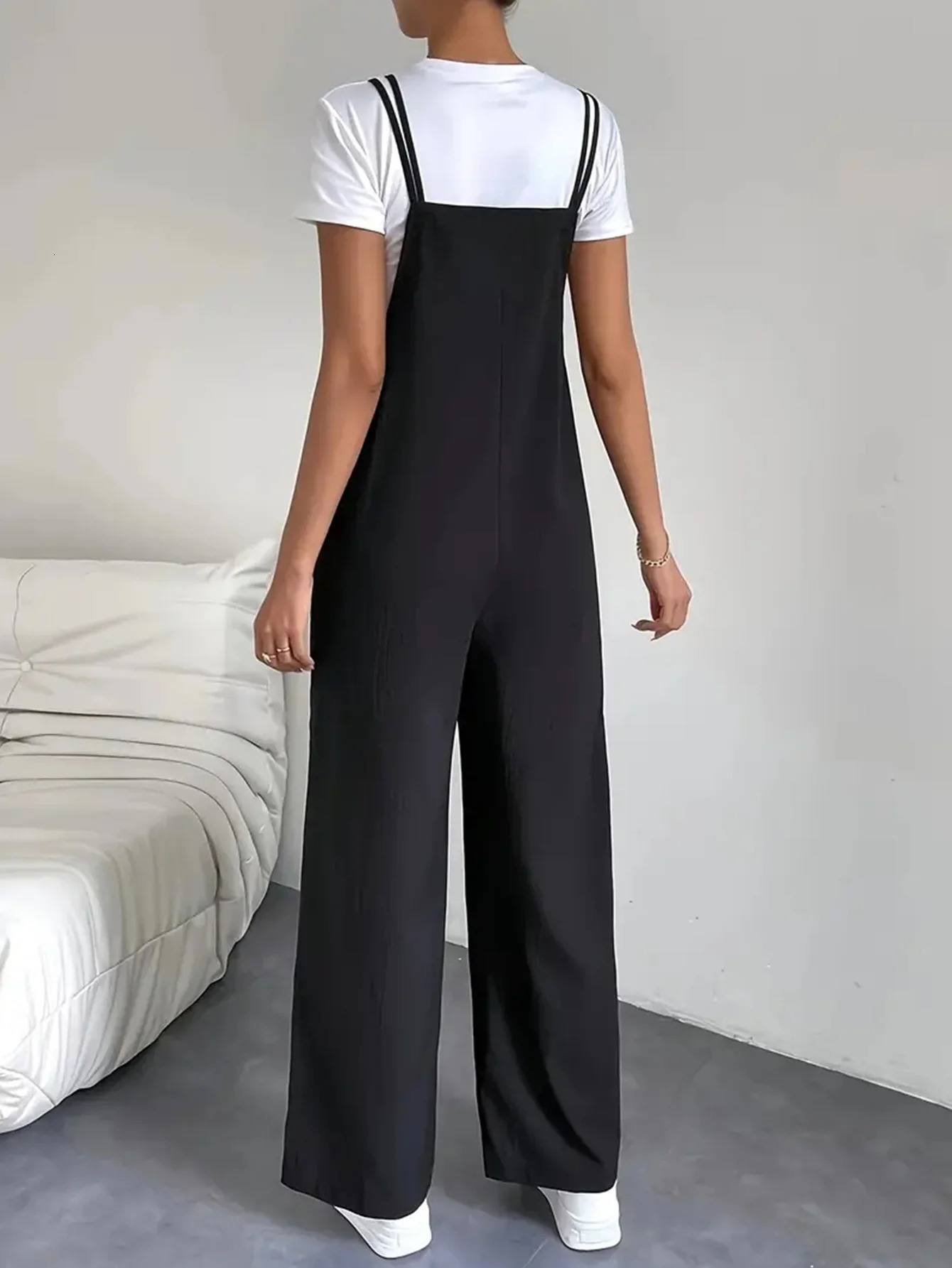Fashion casual womens pure black jumpsuit pants with pockets shoulder straps thin straight leg workwear pants wide leg pants 250616