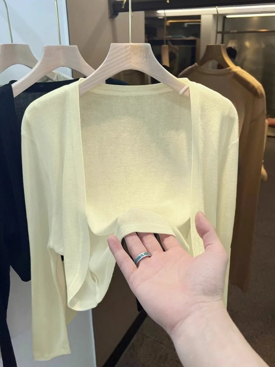 Short Ice Silk Knitted Sun Protection Cardigan Womens Thin Summer Suspender Skirt Layered Gauze Jacket Air-conditioned Cover Up 250616