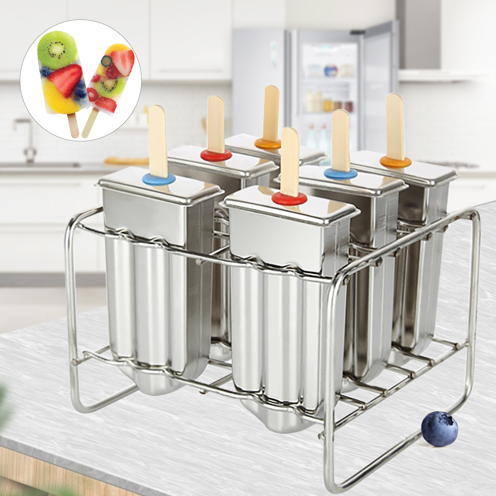 6 Pcs Stainless Steel Ice Cream Molds Round Head Double Cavity 85g Per Pop Homemade Ice Lolly Maker Reusable DIY Popsicle Freezer Tray BPA Free