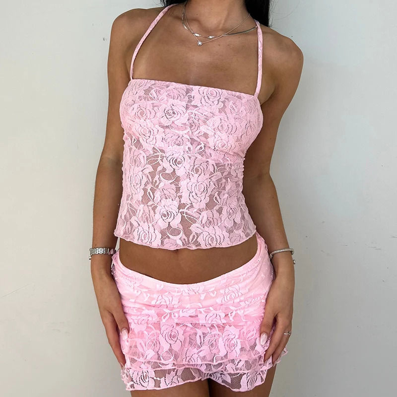2 Piece Set Women Lace Outfit Y2k Fairy Coquette Tie-up Backless Crop Tops Low Rise Mini Skirt Festival Party Club Matching Suit 250617