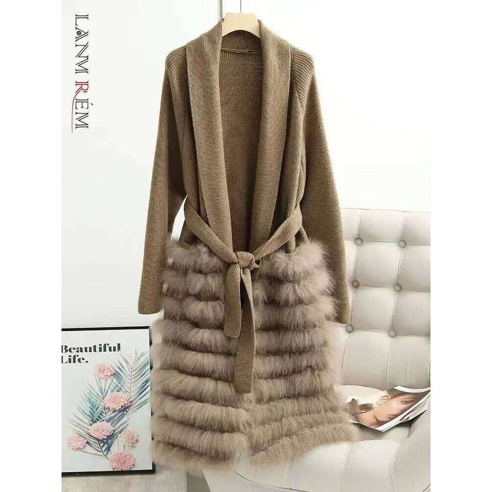 LANMREM Real Fox Fur Casual Loose Knit Sweater With Bandage Women's Cardigan 2024 Winter Warm Clothing 2DB1810