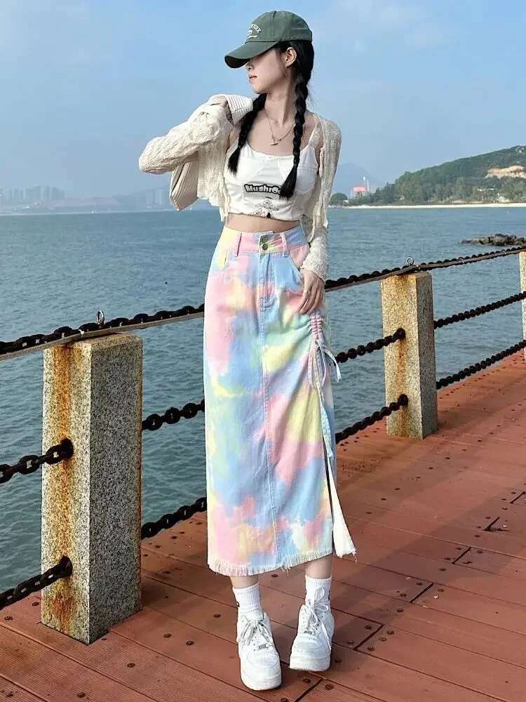 High Waist Woman Denim Skirt Drawstring Jeans Skirts for Women Korean Style Stylish Aesthetic Vintage Clothing Trend 2025 New In
