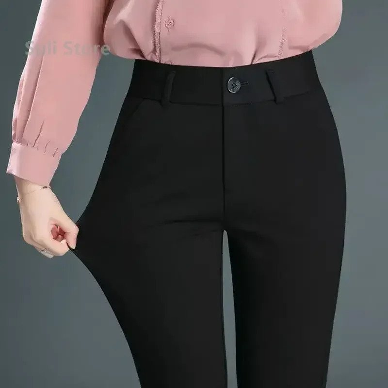 Spring Autumn Casual Button Elastic Mid Waist Black Navy Blue Straight Trousers Office Lady Quick Drying Suit Pants Female 250616
