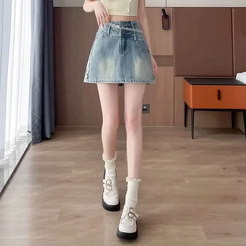 Vintage Lace Splicing Light Blue Jeans Skirts for Women Cheap Harajuku Y2k Modest Korean Style Premium Fashion Woman Denim Skirt