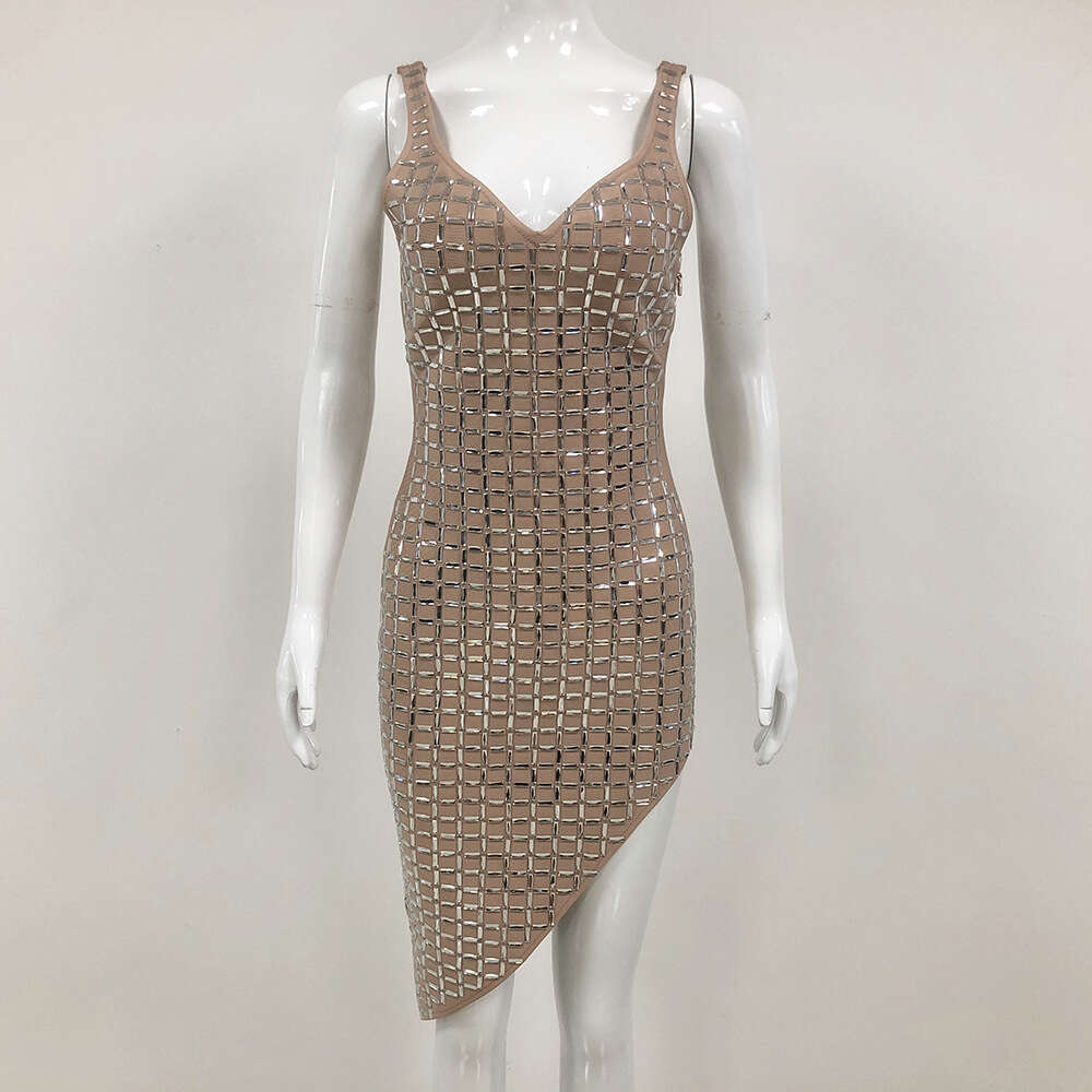 Autumn Winter New Nude Color Deep V High Slit Backless Fashion Sexy Rhinestone Bandage Dress for Women