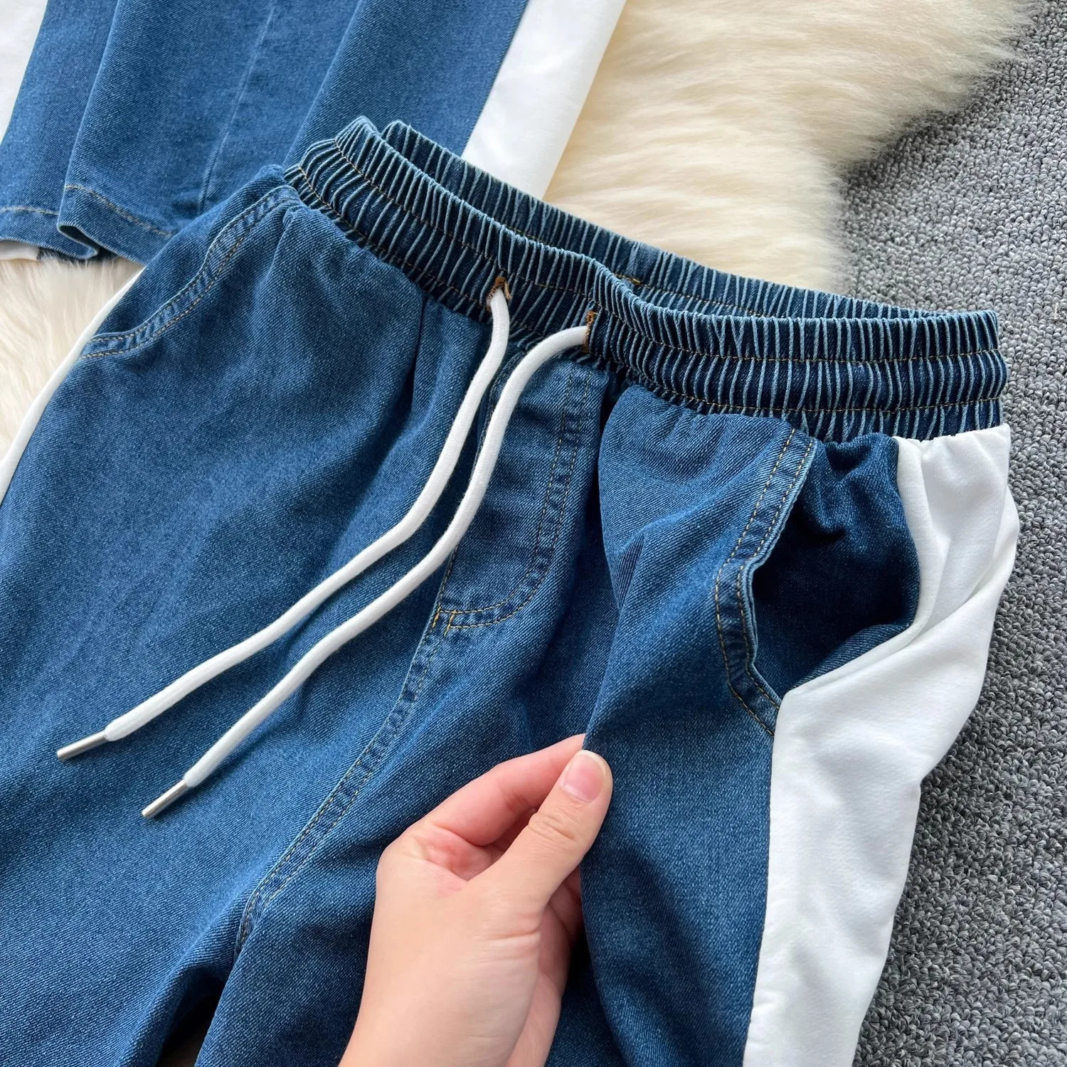 Two Piece Sets Women Pant Set Matching Sets Y2k Streetwear Denim Splice Tops Wide Leg Long Pants Elastic Waist Lace Up 250614