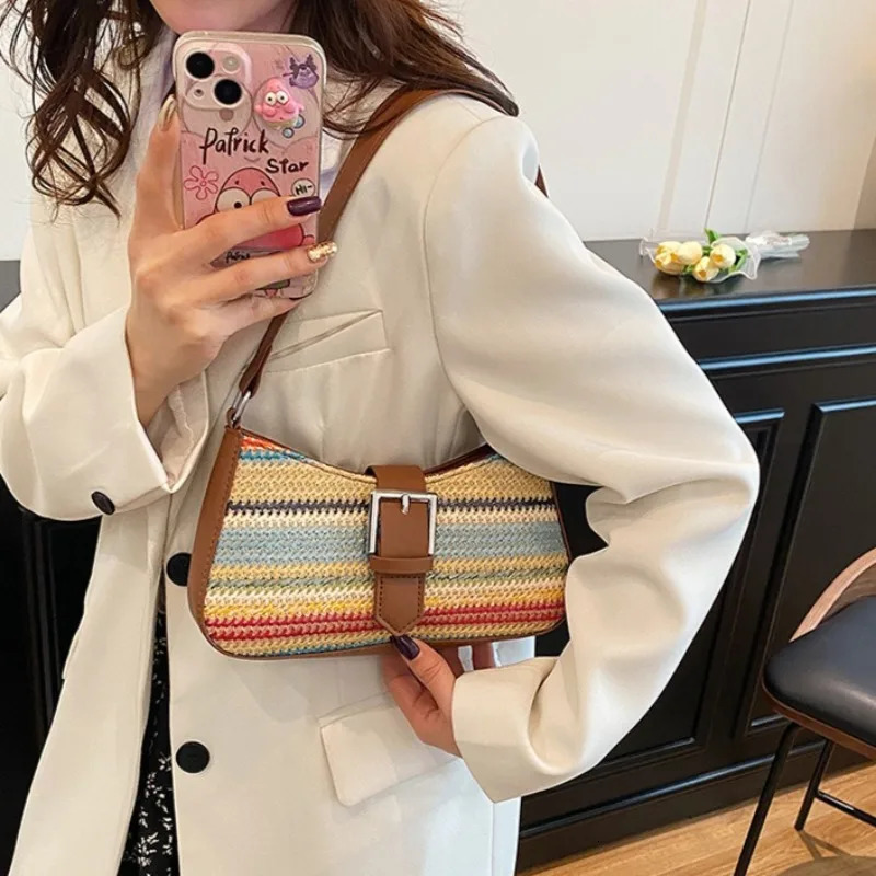 Fashion Rainbow Grass Woven Shoulder Bag Ladies Banquet Bag Spring Light Shoulder Bag with Armpit Bag 250614