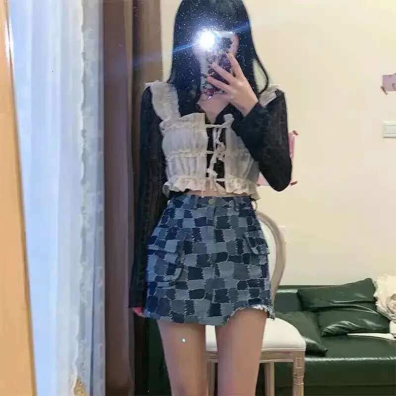With Pocket Sexy Womens Denim Skirt Female Jeans Skirts High Waist Tight Short Coquette Mini Plaid Wrap Y2k Vintage Aesthetic V