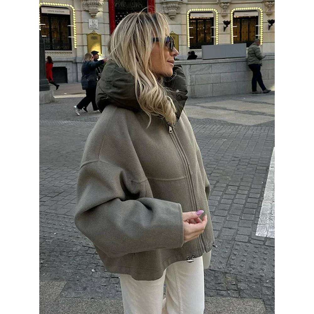 Oversize Hat Woolen Contrast Color Coat Women Zipper Casual Thicken Warm Long Sleeve Jacket 2024 Winter Pocket Street Outwear