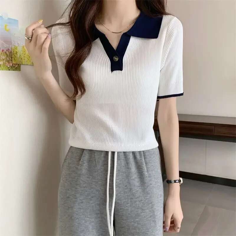 Knitted Woman Tshirt Summer Outfit Polo Neck T Shirt for Women Womens Short Sleeve T-shirt on Offer with Collar High Quality