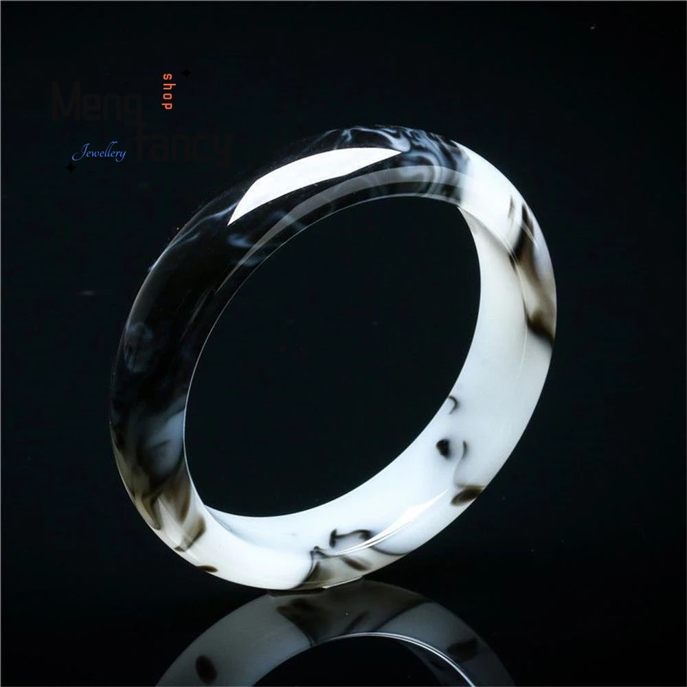 Natural Hetian Jade Bracelet Black White Flowers Charm Fashion Retro Fine Jewelry Elegant Girl Couple Bangle Holiday Gift 250616