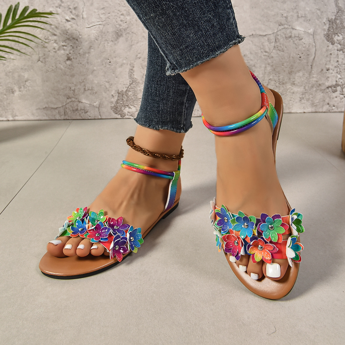 Women's flat shoes, colorful floral women's plus size sandals, designer sandals, fashionable daily commuting women's slippers