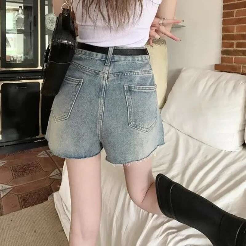 With Belt Denim Shorts for Women Korean Style Short Jean Pants Woman Wide Classic Flowy Harajuku Fashion XL Streetwear Elegant