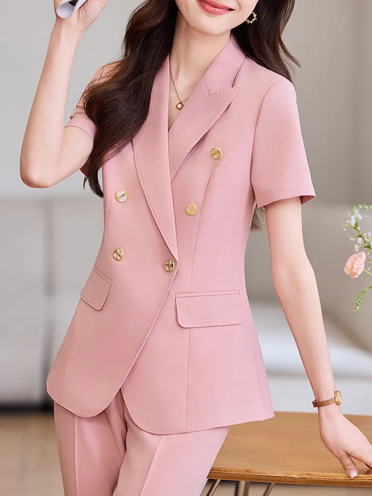 FMZXG All Season Fashion Blazer Women Office Casual Short Sleeve Suits Double Breasted Turn Down Collar Pant 250612