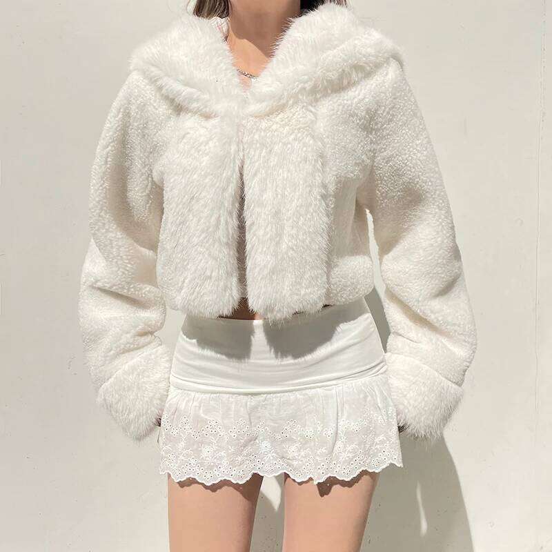 HEYounGIRL Faux Fur Hooded Coat Women Fashion High Street Fluffy White Snow Jacket Winter Warm Slim Outwear Stylish Lady Outfits
