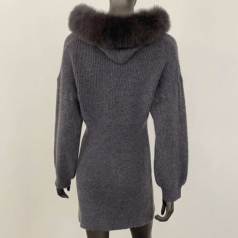 OFTBUY Long Hooded Slim Cardigan Women 2025 New Real Fox Fur Pullover Female Solid Warm Sweater Spring Autumn Knitted Skirt Lady